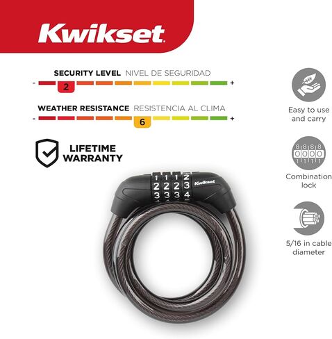 قفل كابل دراجة بمفتاح بطول 5 أقدام من Kwikset، قطر 5/16 بوصة، أمان للدراجة والخارجية، عبوتان بمفتاح على حد سواء، فضي in Kuwait