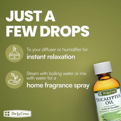 De La Cruz Eucalyptus Essential Oil, 100% Pure Steam Distilled Eucalyptus Globulus, Eucalyptus Oil, Eucalyptus Essential Oil for Diffuser, 2 FL OZ, Aromatherapy, Tree Oil (1 Bottle) in Kuwait