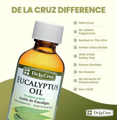 De La Cruz Eucalyptus Essential Oil, 100% Pure Steam Distilled Eucalyptus Globulus, Eucalyptus Oil, Eucalyptus Essential Oil for Diffuser, 2 FL OZ, Aromatherapy, Tree Oil (1 Bottle) in Kuwait