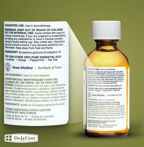 De La Cruz Eucalyptus Essential Oil, 100% Pure Steam Distilled Eucalyptus Globulus, Eucalyptus Oil, Eucalyptus Essential Oil for Diffuser, 2 FL OZ, Aromatherapy, Tree Oil (1 Bottle) in Kuwait