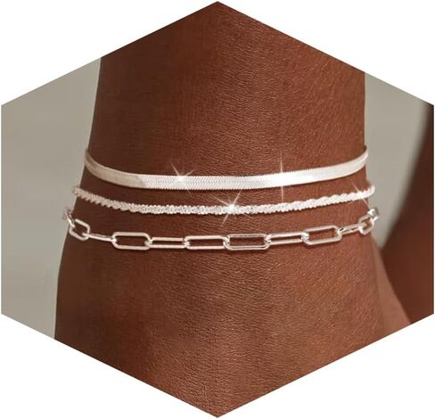 2/3Pcs Ankle Bracelets for Women - Silver Anklet Set - Dainty Layered Herringbone, Rope, and Figaro Paperclip Chain Anklets for Women - Sea Beach Foot Anklets Jewelry Gift (Silver Plated) in Kuwait