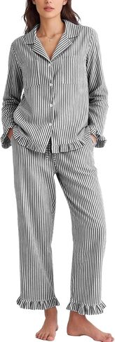 Flygo Womens Striped Pajama Sets 2 Piece Cotton Lounge Sets Button Down Top Straight Leg Pants with Pockets Y2K Pjs Sleepwear in Saudi Arabia