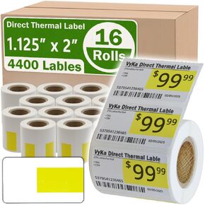 2 x 1.125 inch Direct Thermal Label Roll, Yellow Right Center, 1 inch Core, Standard Size, Oil-Proof Waterproof Anti-Scratch, for Shelf Label Price & Barcodes (Yellow, 16 Rolls) in Kuwait