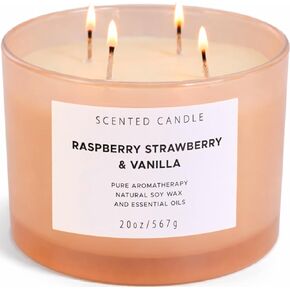 Raspberry Strawberry Vanilla 4-Wick Scented Soy Candle | 100+ Hour Burn | 20 oz Large Sweet Berry Vanilla Scented Candle for Home | Relaxing Aromatherapy Candle | Strong Throw | Gift Ready in Saudi Arabia