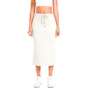 Women's Drawstring High Waist Midi Skirt, Bodycon Casual Skirt with Pockets and Side Slit for Daily Wear in Kuwait