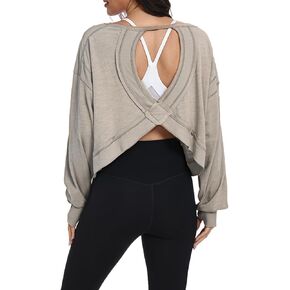 denking Women Open Back Workout Tops 100% Cotton Long Sleeve Shirts Yoga Athletic Gym Pilates Crop Cute Summer Oversize Tees in Saudi Arabia
