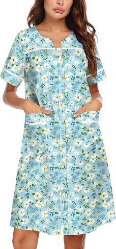 Ekouaer Women's Snap Front Sleepwear Housecoats Cotton Dusters Short Sleeve House Dress with Pockets(SAP,XL) in Kuwait