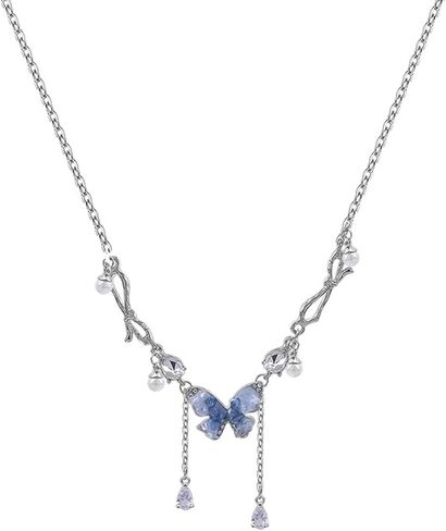 Silver Rhinestone Butterfly Necklace for Women Y2K Irregular Pearl Bow Y Necklace Sparkly Crystal Butterfly Pendant Necklace Adjustable Cubic Zirconia Butterfly Chain Necklace Fashion Gemstones Accessories Jewerly in Saudi Arabia