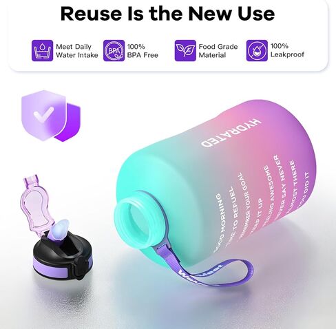 إبريق ماء رياضي WEMEET جالون مع علامة زمنية ومقبض غير قابل للانزلاق، زجاجة مياه تحفيزية رياضية، فم واسع مع فرشاة سهلة التنظيف للخارج، واللياقة البدنية، وصالة الألعاب الرياضية in Kuwait