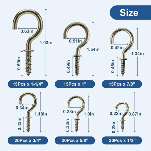 مجموعة خطافات كأس لولبية ممتازة 105 قطعة، 6 مقاسات خطافات برونزية (1/2 بوصة، 5/8 بوصة، 3/4 بوصة، 7/8 بوصة، 1 بوصة، 1-1/4 بوصة)، خطافات سقف معدنية شديدة التحمل للنباتات والأكواب وسلسلة أضواء للاستخدام الداخلي والخارجي in Kuwait