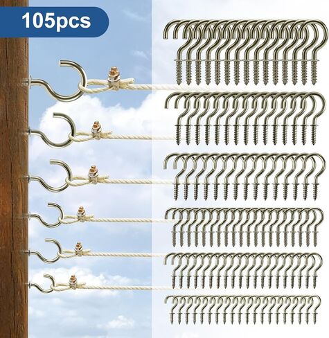 مجموعة خطافات كأس لولبية ممتازة 105 قطعة، 6 مقاسات خطافات برونزية (1/2 بوصة، 5/8 بوصة، 3/4 بوصة، 7/8 بوصة، 1 بوصة، 1-1/4 بوصة)، خطافات سقف معدنية شديدة التحمل للنباتات والأكواب وسلسلة أضواء للاستخدام الداخلي والخارجي in Kuwait