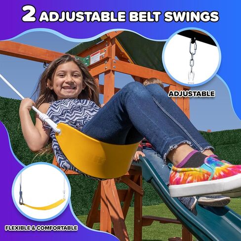 الرياضة الرياضية Amazon الحصرية Sherwood Wood Swing مع 3 تقلبات ، شريحة ، وسطح مغطى مع شريحة in Kuwait