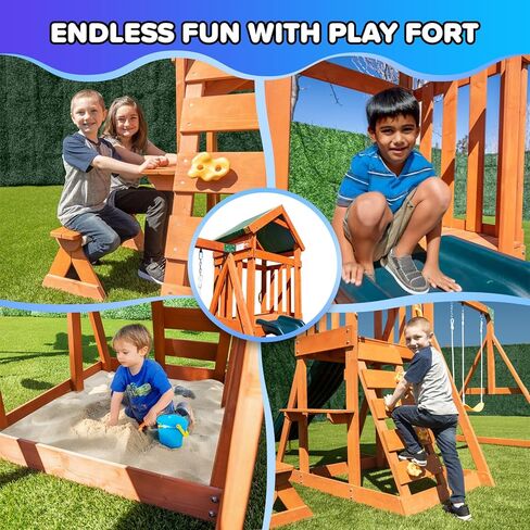 الرياضة الرياضية Amazon الحصرية Sherwood Wood Swing مع 3 تقلبات ، شريحة ، وسطح مغطى مع شريحة in Kuwait