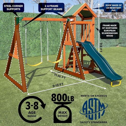 الرياضة الرياضية Amazon الحصرية Sherwood Wood Swing مع 3 تقلبات ، شريحة ، وسطح مغطى مع شريحة in Kuwait