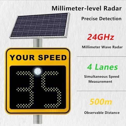 Solar Powered Radar Speed Limit Sign 24"x24" - Flashing Speed Display, IP65 Waterproof Traffic Indicator for Enhanced Road Safety in Saudi Arabia