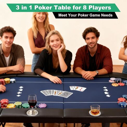 8 Players Foldable Poker Table with Cup Holders, Collapsible Texas Holdem Poker Table with Reversible Game Mat, Suitable for Home Party, Casino, Poker Night, etc. in Saudi Arabia