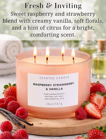 Raspberry Strawberry Vanilla 4-Wick Scented Soy Candle | 100+ Hour Burn | 20 oz Large Sweet Berry Vanilla Scented Candle for Home | Relaxing Aromatherapy Candle | Strong Throw | Gift Ready in Saudi Arabia