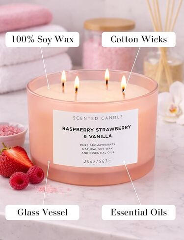 Raspberry Strawberry Vanilla 4-Wick Scented Soy Candle | 100+ Hour Burn | 20 oz Large Sweet Berry Vanilla Scented Candle for Home | Relaxing Aromatherapy Candle | Strong Throw | Gift Ready in Saudi Arabia
