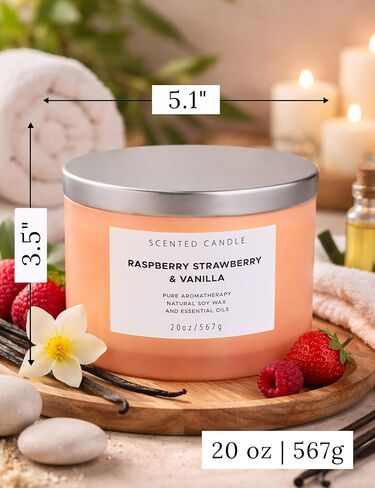 Raspberry Strawberry Vanilla 4-Wick Scented Soy Candle | 100+ Hour Burn | 20 oz Large Sweet Berry Vanilla Scented Candle for Home | Relaxing Aromatherapy Candle | Strong Throw | Gift Ready in Saudi Arabia