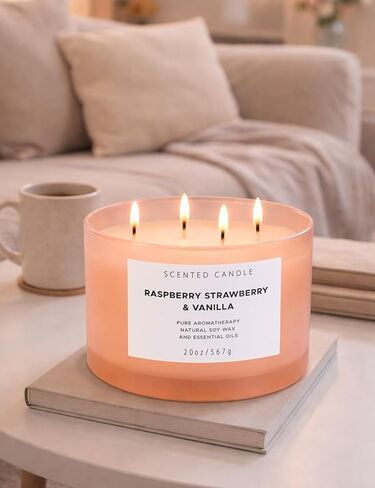 Raspberry Strawberry Vanilla 4-Wick Scented Soy Candle | 100+ Hour Burn | 20 oz Large Sweet Berry Vanilla Scented Candle for Home | Relaxing Aromatherapy Candle | Strong Throw | Gift Ready in Saudi Arabia