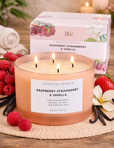 Raspberry Strawberry Vanilla 4-Wick Scented Soy Candle | 100+ Hour Burn | 20 oz Large Sweet Berry Vanilla Scented Candle for Home | Relaxing Aromatherapy Candle | Strong Throw | Gift Ready in Saudi Arabia