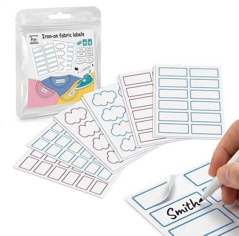 HX Aurize Precut Iron on Name Labels للملابس (116 PCS) - علامات النسيج المقاومة للغسيل | دار التمريض والرعاية النهارية استخدام | يشمل القلم ، 2 لون 3 أشكال (التوت والسماء) in Kuwait