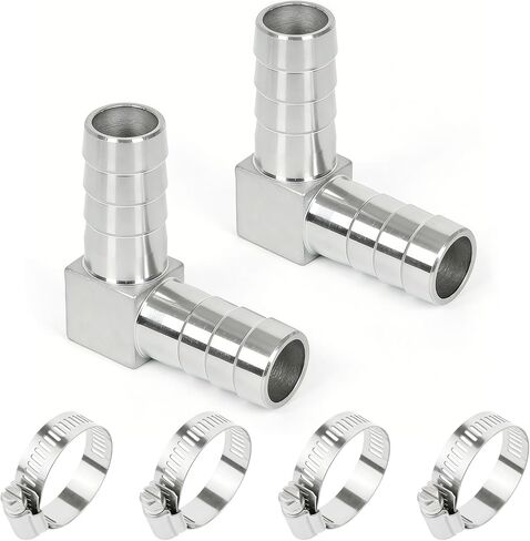 304 الفولاذ المقاوم للصدأ 5/8 "× 5/8" خرطوم شائك بارب الكوع 90 درجة L الزاوية اليمنى المناسبة مع 4 مشابك خرطوم، حزمة من 2 in Kuwait