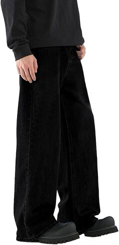 جينز فضفاض للرجال فضفاض مناسب بأرجل واسعة بنطلون جينز Y2K كاربنتر دينم أسود عتيق جينز كبير الحجم للرجال in Kuwait