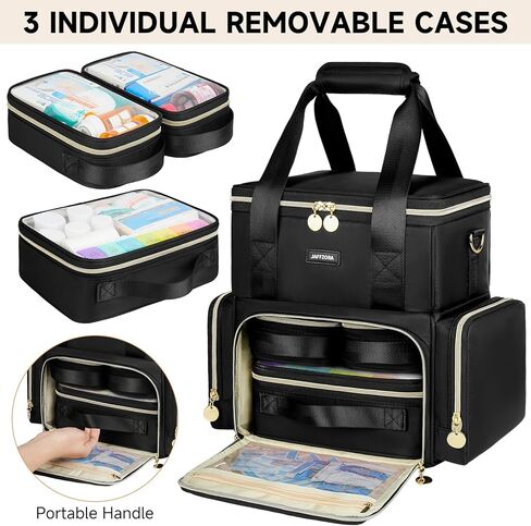 Large Medicine Bag with 2 Removable Cases, Medication Travel Bag with Multiple Storage Sections for Prescription Bottles, Vitamins & Medical Supplies, Black in Kuwait