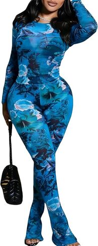 Ophestin Sexy Two Piece Club Outfits for Women Print Mesh See Through Long Sleeve Top Flared Bodycon Pants Set in Kuwait