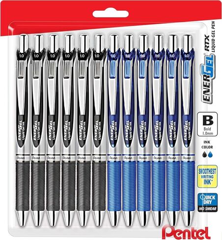 Pentel Energel Liquid Gel Pen- 1.0mm Bold 6 Black Ink & 6 Blue Ink Pens Energel, Bulk Pack of 12 Combo RTX Retractable Deluxe Liquid Gel Pen. in Saudi Arabia