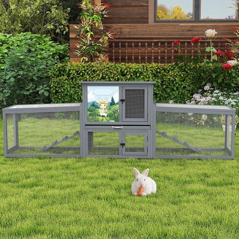 COZIWOW 82inches Extra Large Wood Rabbit Hutch Outdoor Easy to Assemble and Stable Bunny Cage Indoor with Cleaning Tray & Waterproof Roof for Small and Medium Bunny Rabbit Chick (Grey) in Kuwait
