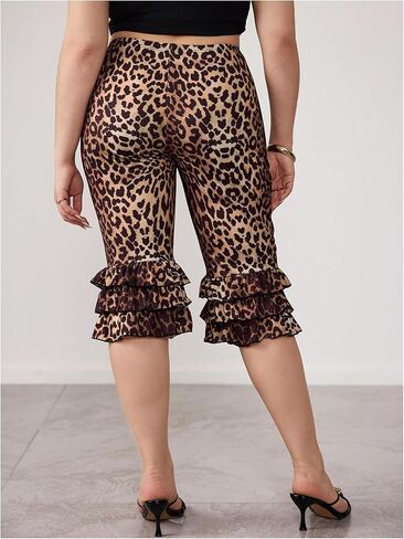 Women's Plus Size Leopard Print Skinny Capri Pants High Waisted Layered Ruffle Hem Cheetah Leggings in Kuwait