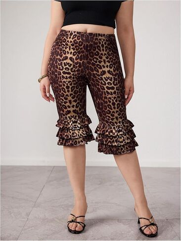 Women's Plus Size Leopard Print Skinny Capri Pants High Waisted Layered Ruffle Hem Cheetah Leggings in Kuwait