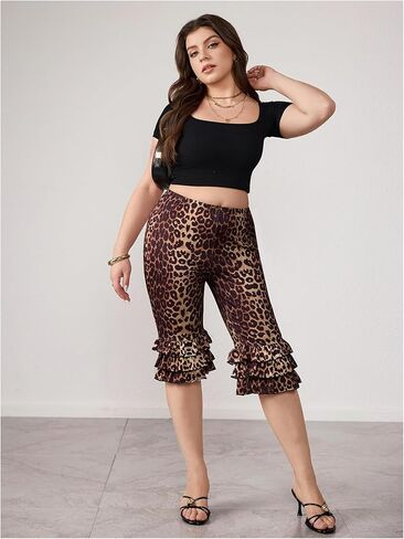 Women's Plus Size Leopard Print Skinny Capri Pants High Waisted Layered Ruffle Hem Cheetah Leggings in Kuwait