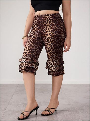 Women's Plus Size Leopard Print Skinny Capri Pants High Waisted Layered Ruffle Hem Cheetah Leggings in Kuwait
