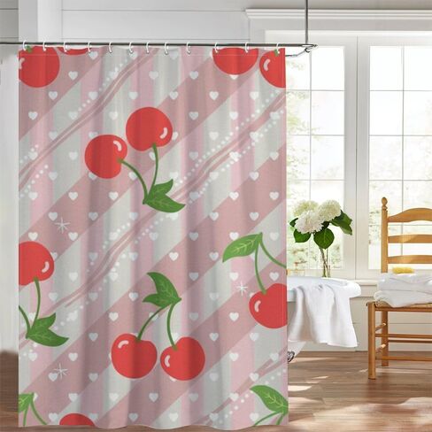 الكرز نمط لطيف ستارة دش مع السنانير، الصيف ستارة دش المحيط للماء، قابل للغسل النسيج عطلة منتصف القرن الستائر لحوض الاستحمام منتصف القرن الديكور الحديث 48x72 في in Kuwait