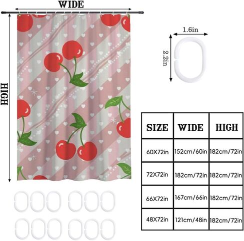 الكرز نمط لطيف ستارة دش مع السنانير، الصيف ستارة دش المحيط للماء، قابل للغسل النسيج عطلة منتصف القرن الستائر لحوض الاستحمام منتصف القرن الديكور الحديث 48x72 في in Kuwait