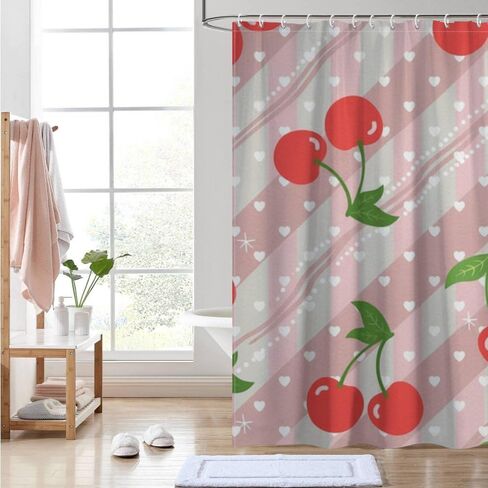 الكرز نمط لطيف ستارة دش مع السنانير، الصيف ستارة دش المحيط للماء، قابل للغسل النسيج عطلة منتصف القرن الستائر لحوض الاستحمام منتصف القرن الديكور الحديث 48x72 في in Kuwait