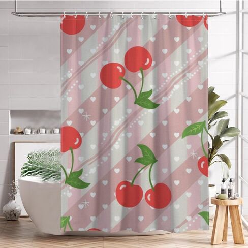 الكرز نمط لطيف ستارة دش مع السنانير، الصيف ستارة دش المحيط للماء، قابل للغسل النسيج عطلة منتصف القرن الستائر لحوض الاستحمام منتصف القرن الديكور الحديث 48x72 في in Kuwait