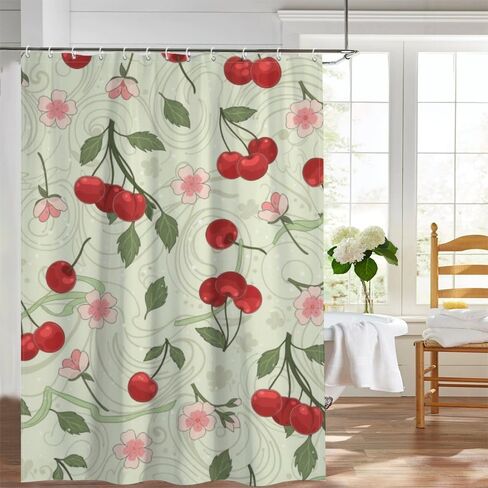 ستارة الحمام بنمط الأزهار الوردية مع خطافات، ستارة دش ساحلية مقاومة للماء للصيف، قماش قابل للغسل لقضاء العطلات في منتصف القرن ستائر حديثة للحمام بوهو ديكور الحمام 48 × 72 بوصة in Kuwait