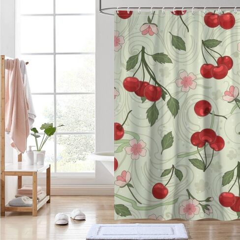 ستارة الحمام بنمط الأزهار الوردية مع خطافات، ستارة دش ساحلية مقاومة للماء للصيف، قماش قابل للغسل لقضاء العطلات في منتصف القرن ستائر حديثة للحمام بوهو ديكور الحمام 48 × 72 بوصة in Kuwait