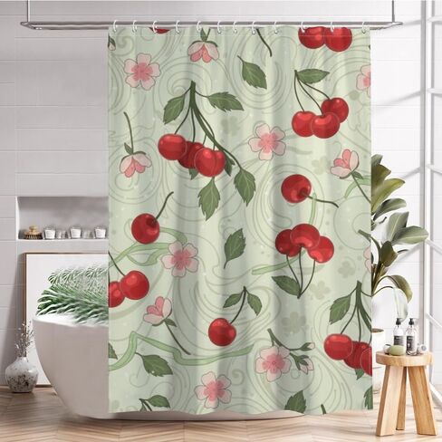 ستارة الحمام بنمط الأزهار الوردية مع خطافات، ستارة دش ساحلية مقاومة للماء للصيف، قماش قابل للغسل لقضاء العطلات في منتصف القرن ستائر حديثة للحمام بوهو ديكور الحمام 48 × 72 بوصة in Kuwait