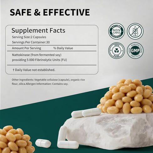 مكمل Nattokinase 5000FU لكل حصة، خالي من الغلوتين، غير معدل وراثيًا، 60 كبسولة in Kuwait