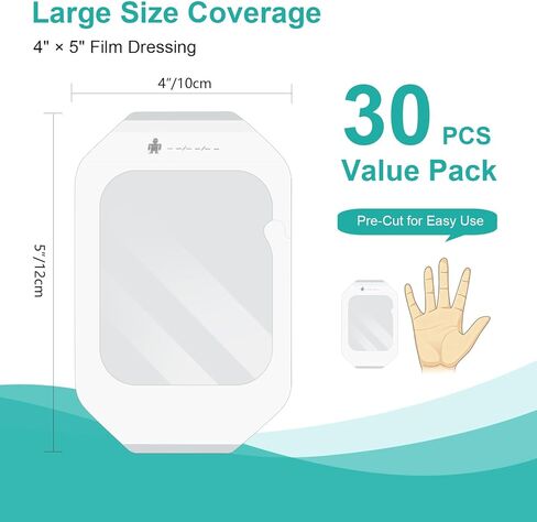 Transparent Film Dressing, 4" x 4.75" (30 Pack), Waterproof Clear Adhesive Bandages for Wound Care, IV Shield & Tattoo Aftercare in Saudi Arabia