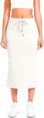 Women's Drawstring High Waist Midi Skirt, Bodycon Casual Skirt with Pockets and Side Slit for Daily Wear in Kuwait