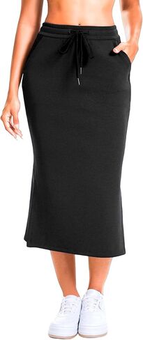 Women's Drawstring High Waist Midi Skirt, Bodycon Casual Skirt with Pockets and Side Slit for Daily Wear in Saudi Arabia