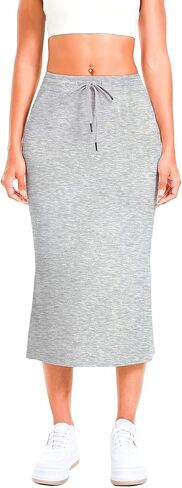 Women's Drawstring High Waist Midi Skirt, Bodycon Casual Skirt with Pockets and Side Slit for Daily Wear in Saudi Arabia