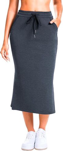 Women's Drawstring High Waist Midi Skirt, Bodycon Casual Skirt with Pockets and Side Slit for Daily Wear in Saudi Arabia
