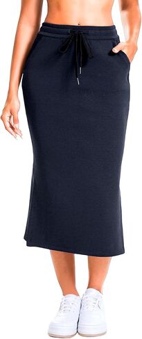 Women's Drawstring High Waist Midi Skirt, Bodycon Casual Skirt with Pockets and Side Slit for Daily Wear in Saudi Arabia
